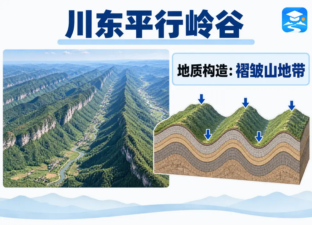 川东平行岭谷地质考点图（导游学霸·科四地方导游基础知识）