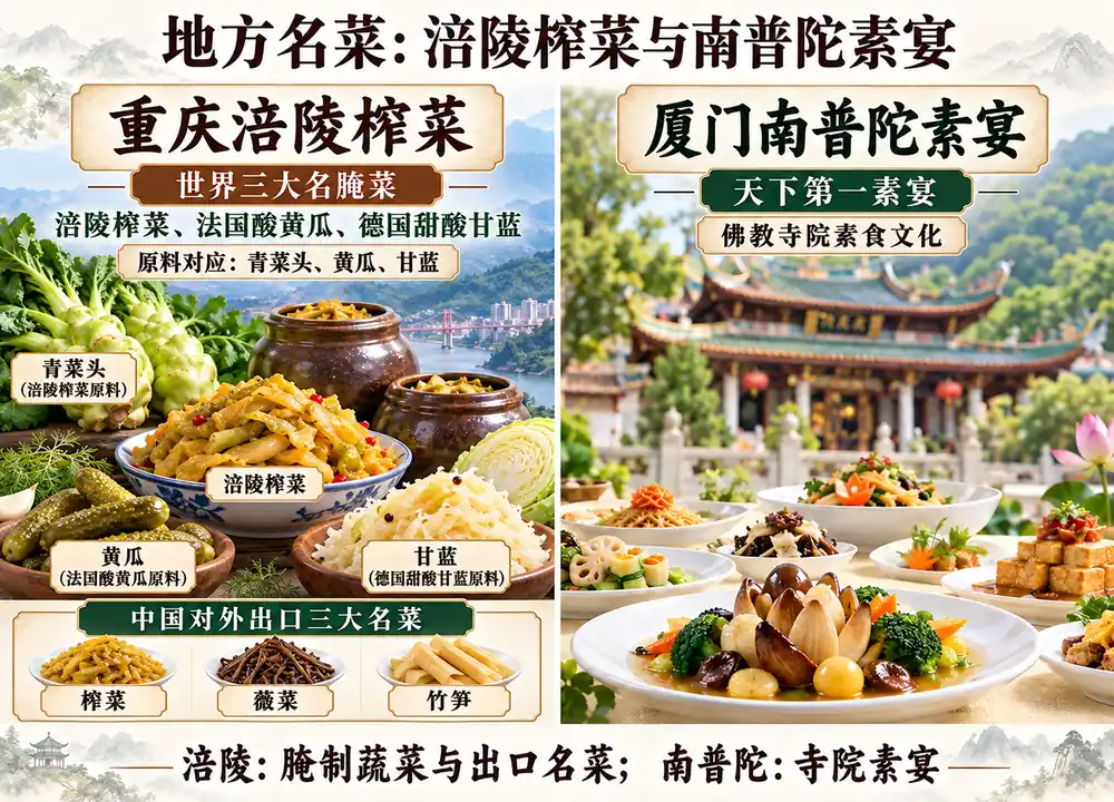 涪陵榨菜与南普陀素宴考点图（导游学霸·科四地方导游基础知识）