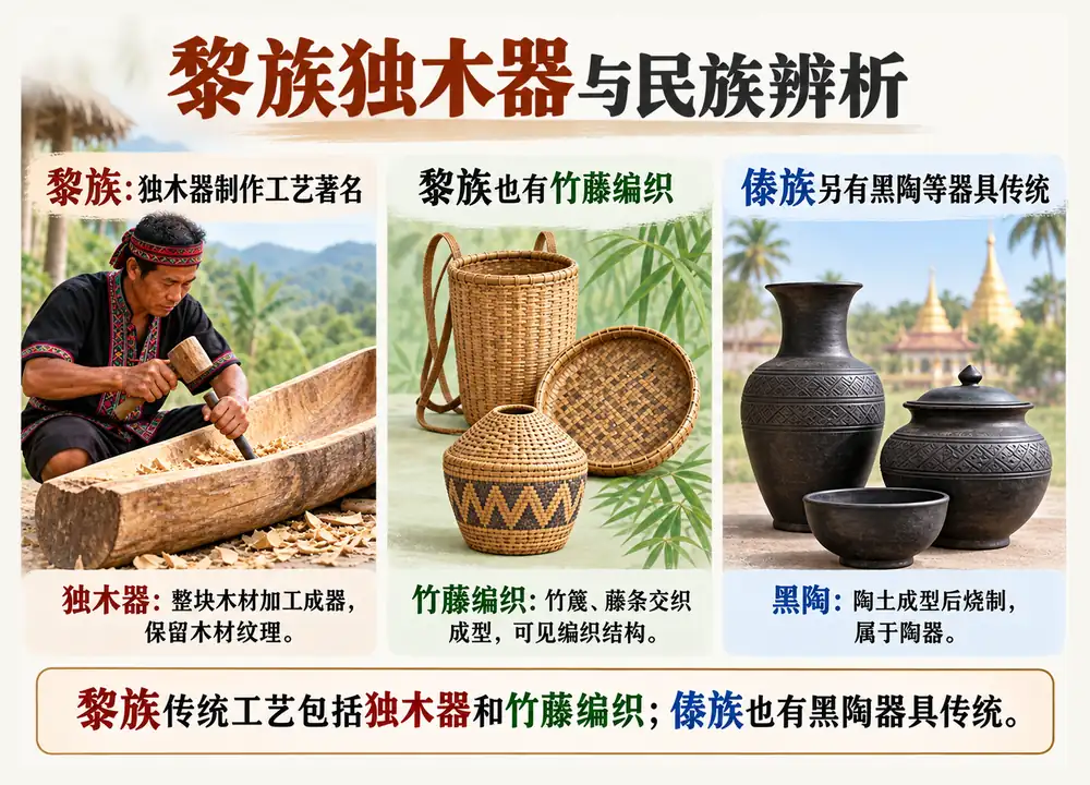 黎族独木器工艺与傣族黑陶辨析考点图(导游学霸·科四地方导游基础知识)