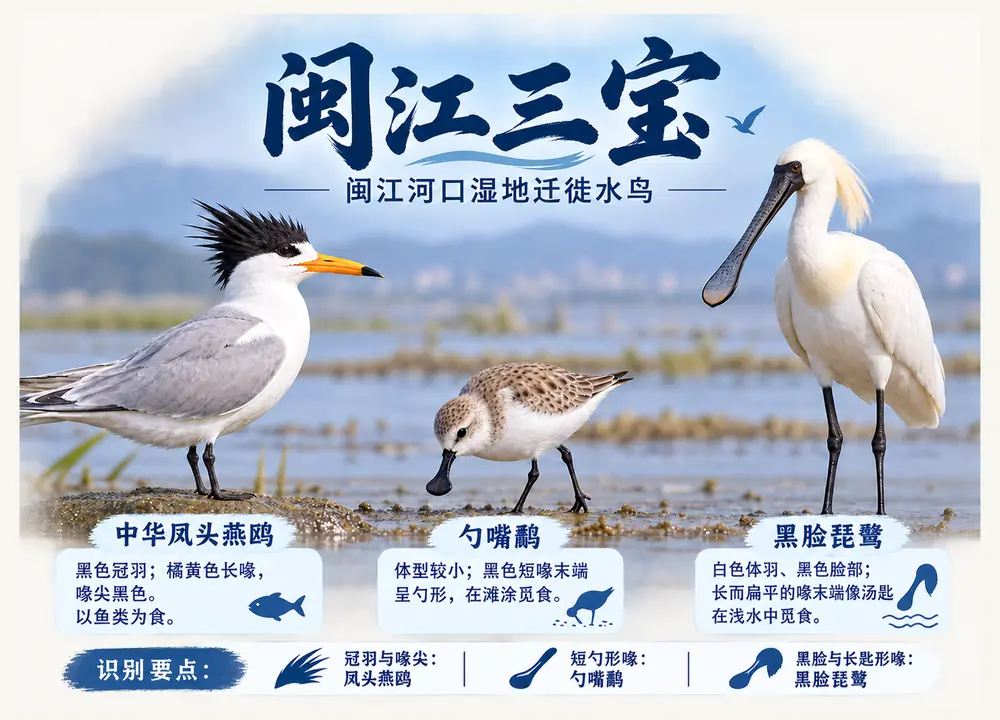 闽江河口湿地三宝水鸟特征辨识考点图（导游学霸·科四地方导游基础知识）