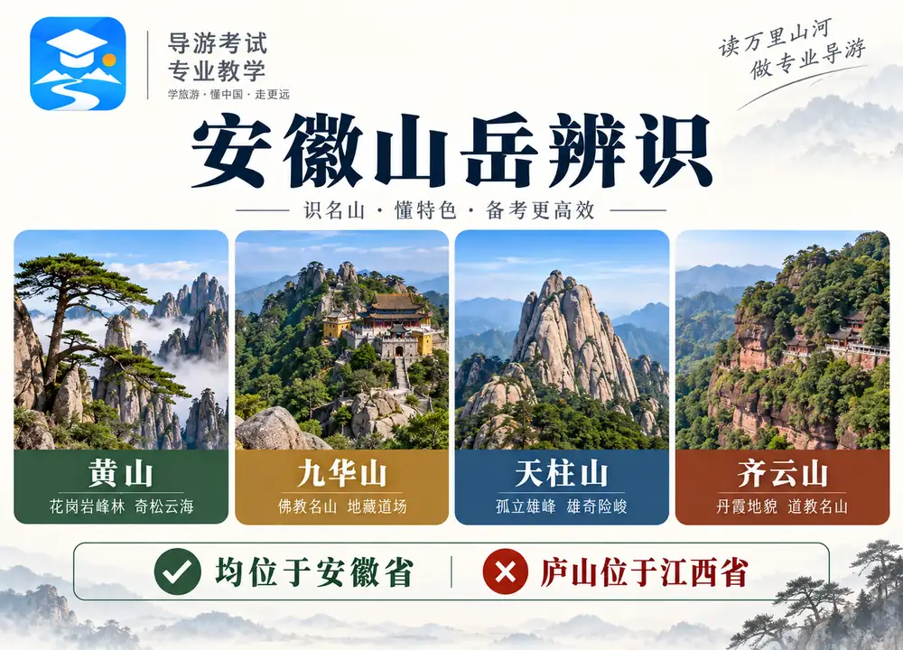 安徽四大著名山岳特色与庐山辨析考点图（导游学霸·科四地方导游基础知识）