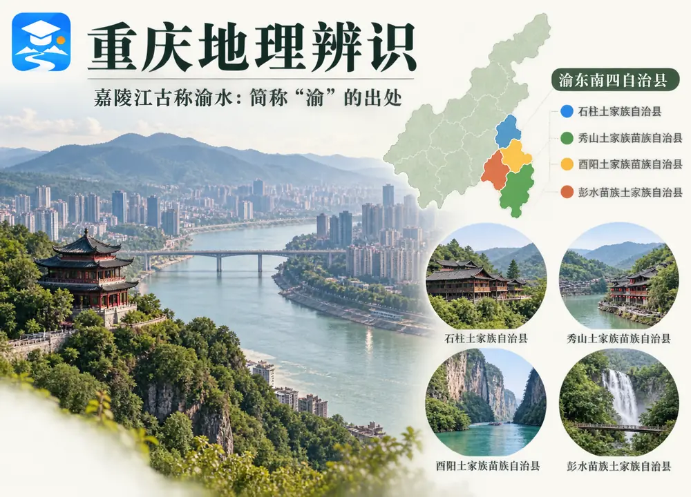 嘉陵江渝水简称与渝东南四自治县考点图(导游学霸·科四地方导游基础知识)