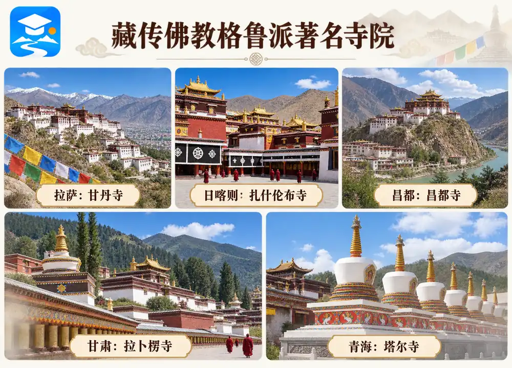 格鲁派五座著名寺院与地理分布考点图(导游学霸·科四地方导游基础知识)