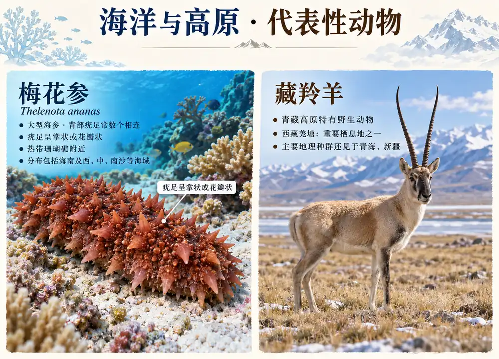 梅花参掌状疣足与藏羚羊羌塘生境考点图（导游学霸·科四地方导游基础知识）