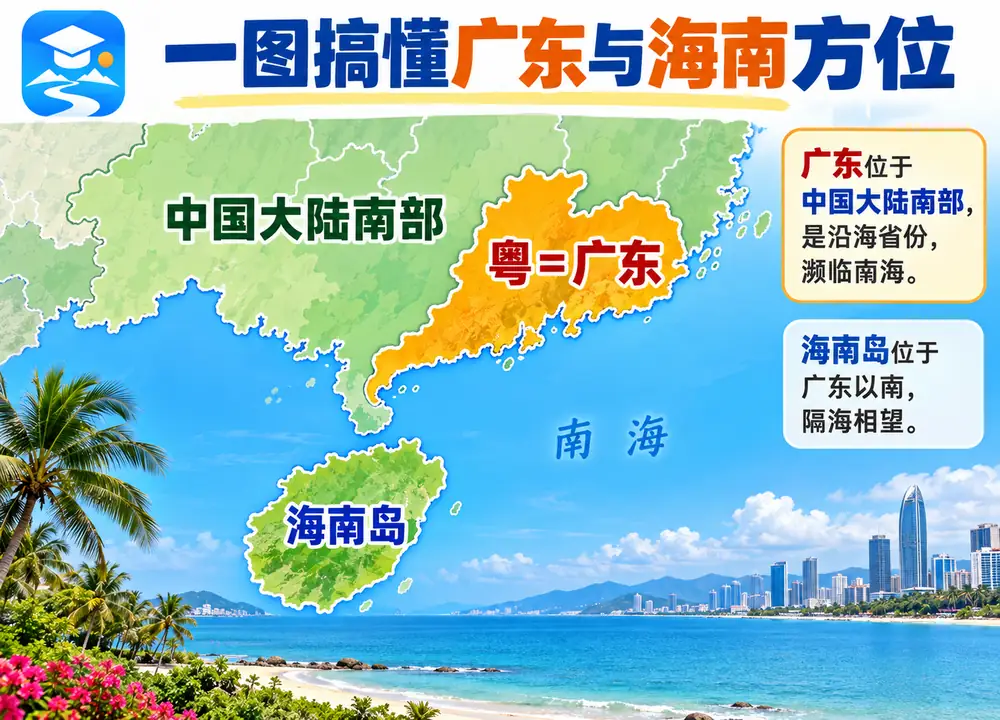 广东地理区位与海南隔海相望考点图（导游学霸·科四地方导游基础知识）
