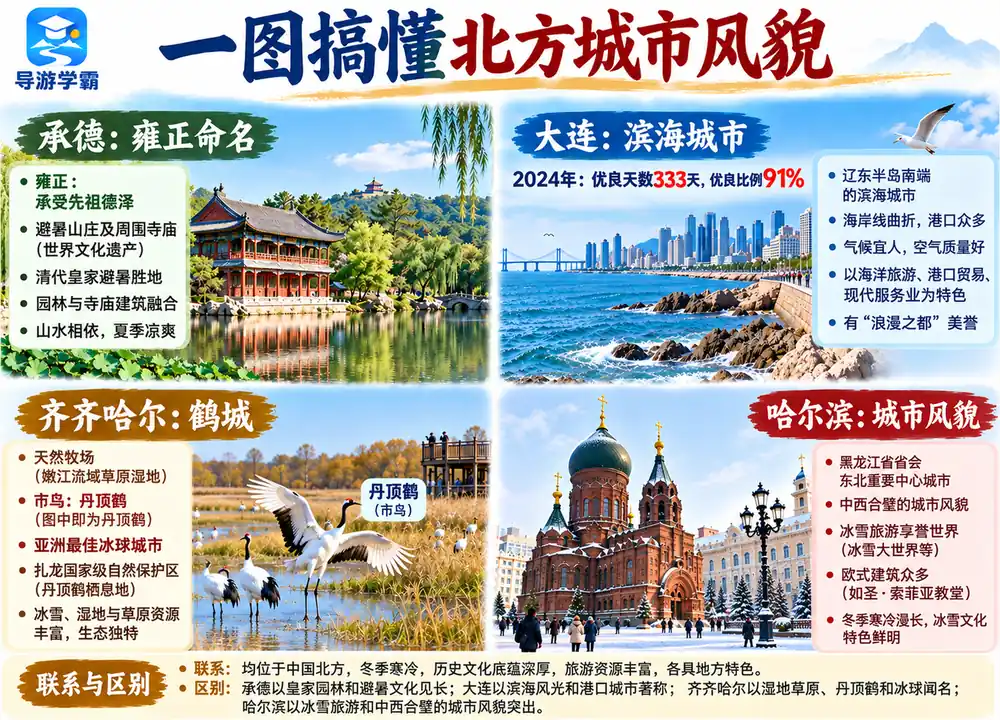 北方四城承德大连齐市哈市风貌考点图（导游学霸·科四地方导游基础知识）