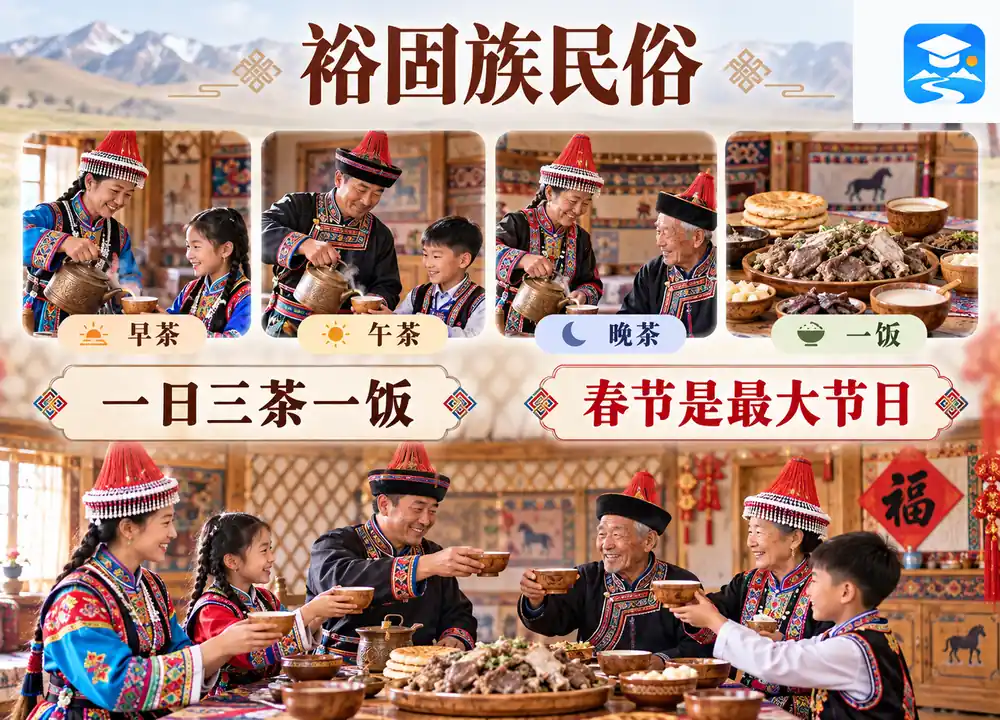 裕固族一日三茶一饭与春节民俗考点图（导游学霸·科四地方导游基础知识）