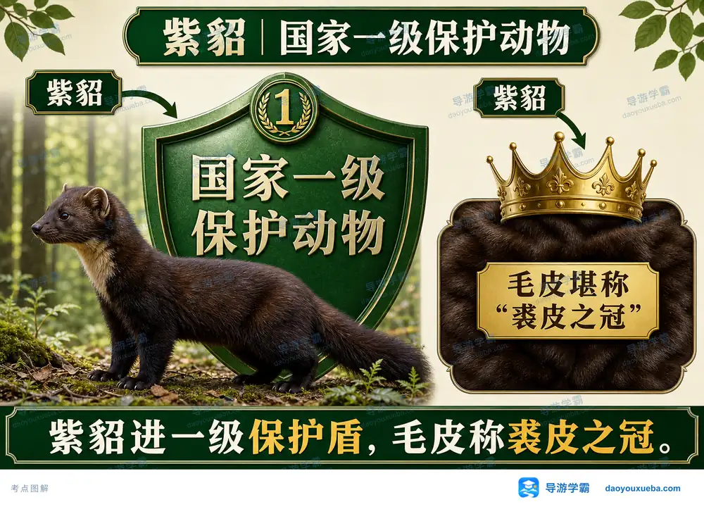 紫貂国家一级保护与裘皮之冠考点图(导游学霸·科四地方导游基础知识)