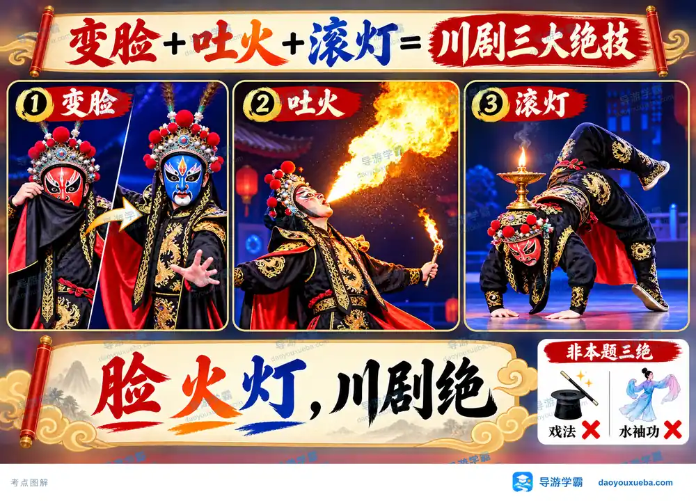 川剧三绝变脸吐火滚灯绝技考点图（导游学霸·科四地方导游基础知识）