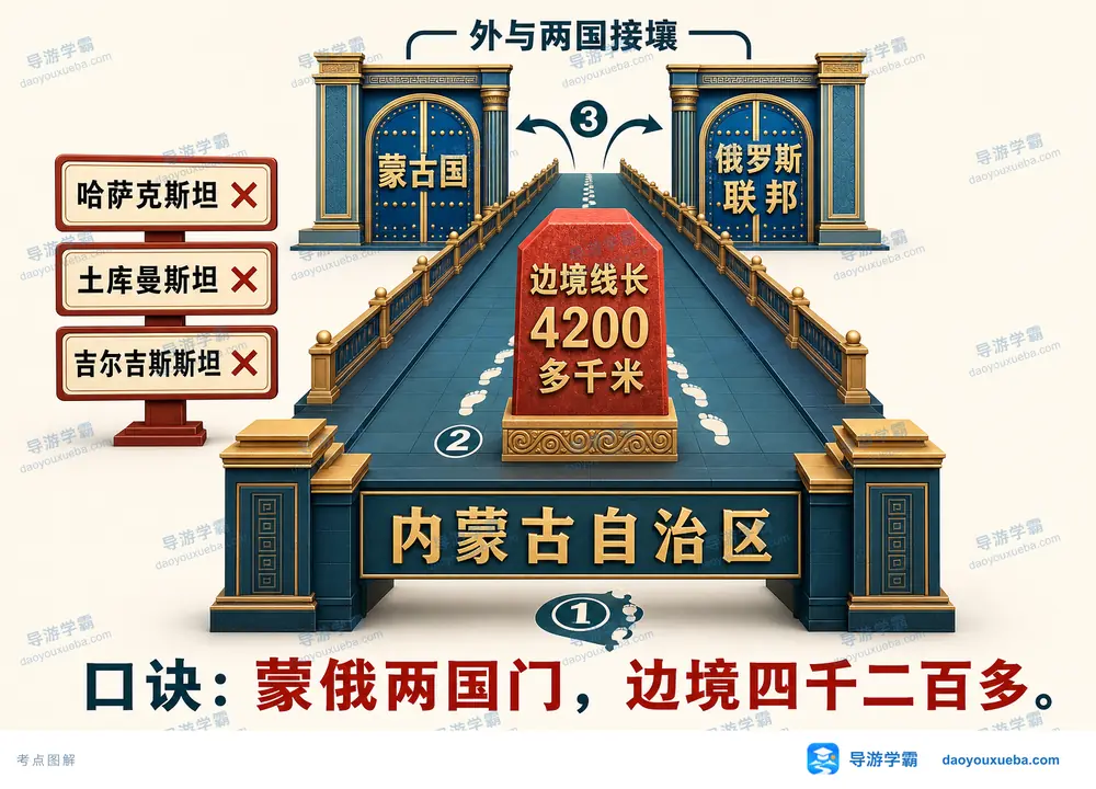 内蒙古接壤邻国与边境线长度考点图(导游学霸·科四内蒙古)