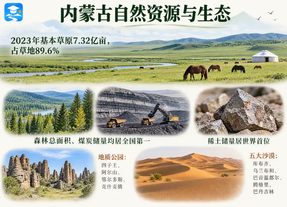 内蒙古资源五大沙漠与林煤稀土之最考点图(导游学霸·科四内蒙古)