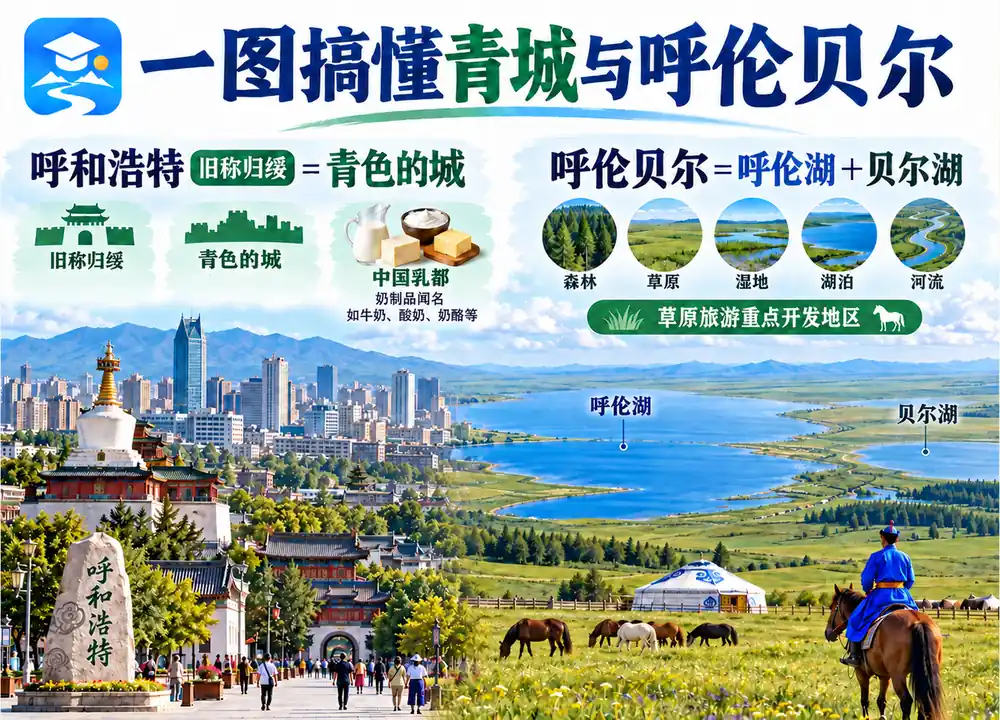 呼和浩特青城与呼伦贝尔双湖考点图(导游学霸·科四内蒙古)