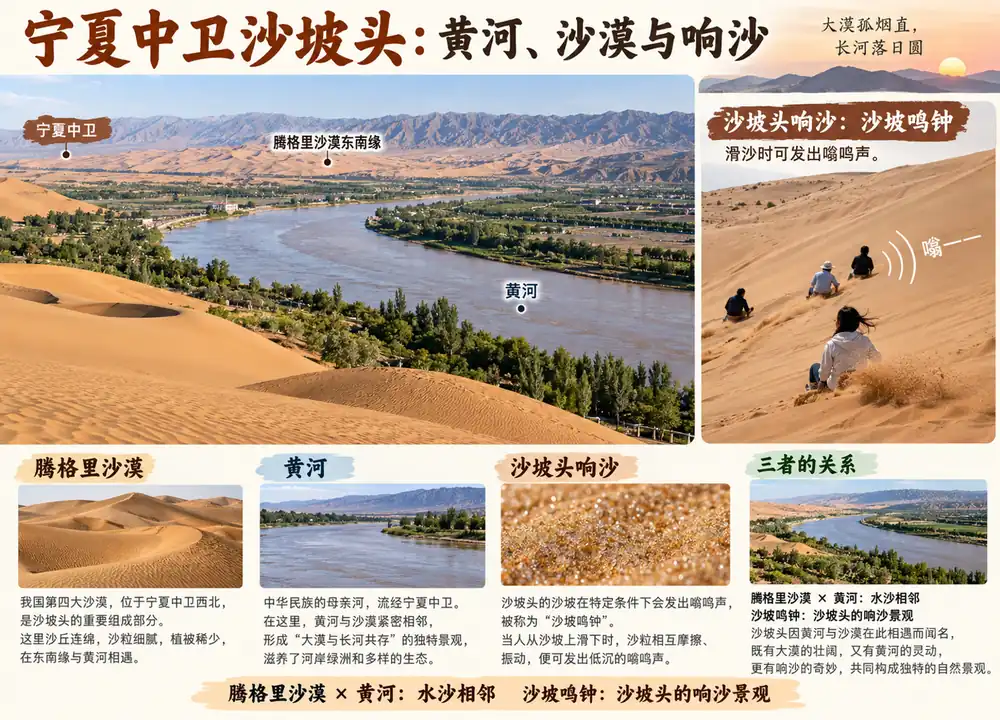 宁夏沙坡头水沙相依与沙坡鸣钟考点图（导游学霸·科四宁夏）
