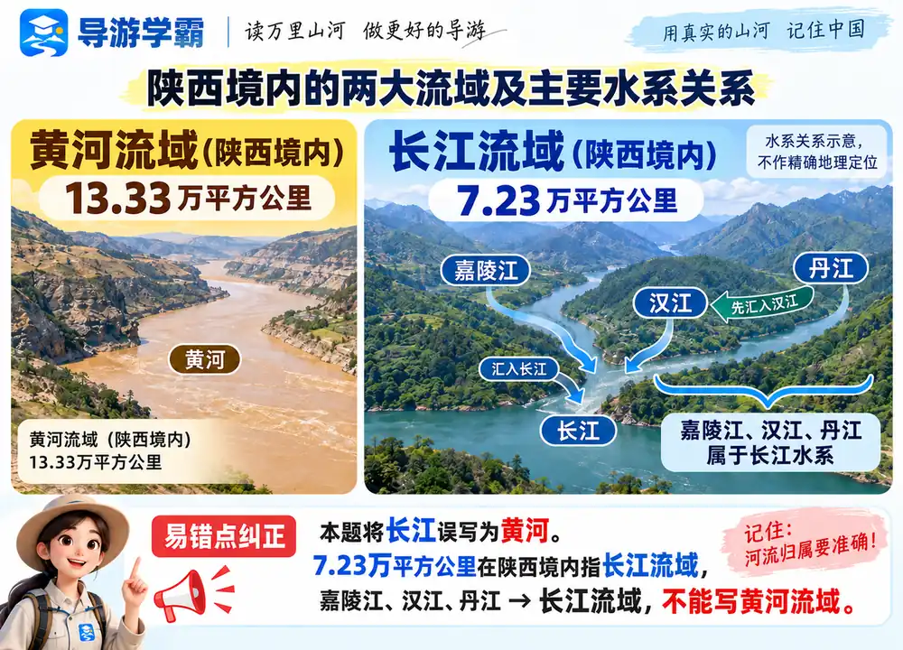 陕西两大流域面积与支流归属考点图(导游学霸·科四陕西)