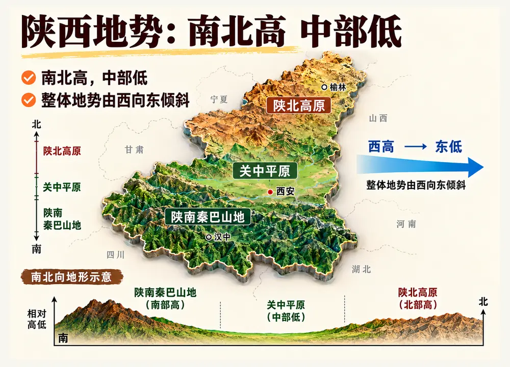 陕西地貌地势特征与三大区域划分考点图(导游学霸·科四陕西)