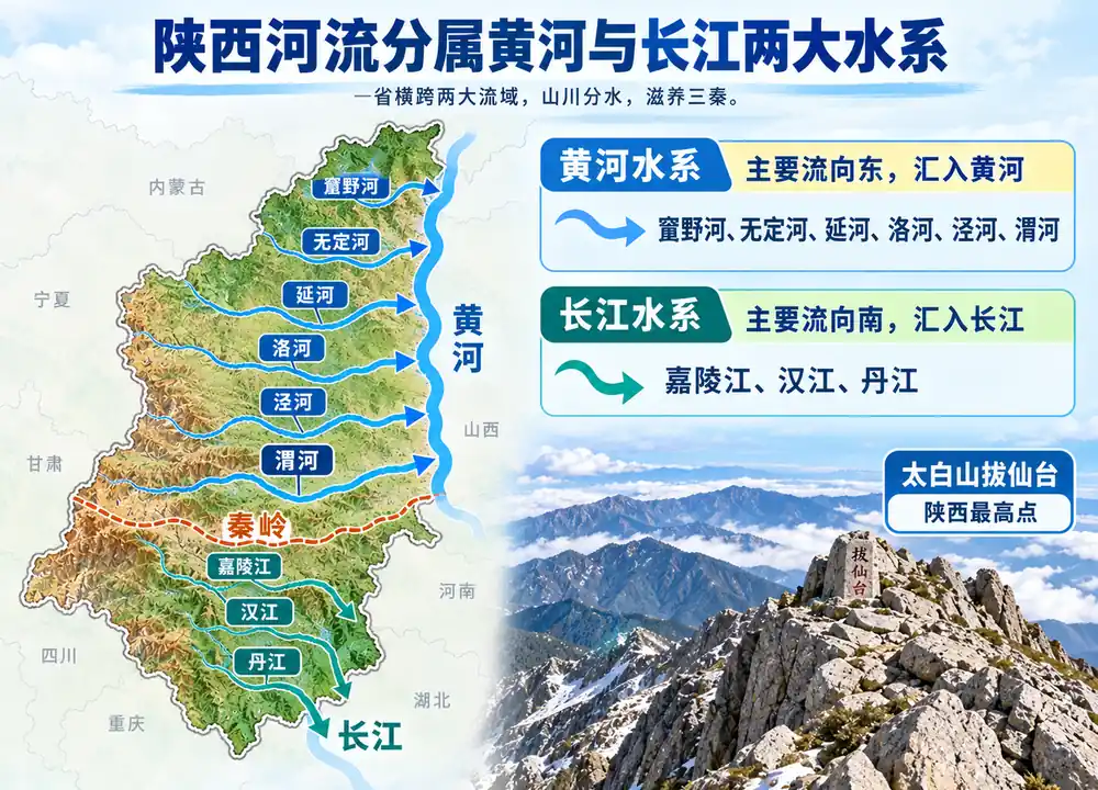 陕西河流两大水系与最高点考点图(导游学霸·科四陕西)