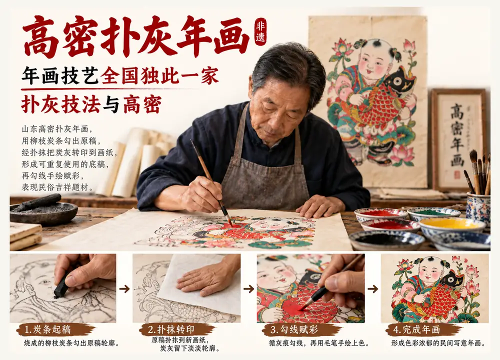 山东高密扑灰年画独特制作技艺考点图(导游学霸·科四山东)
