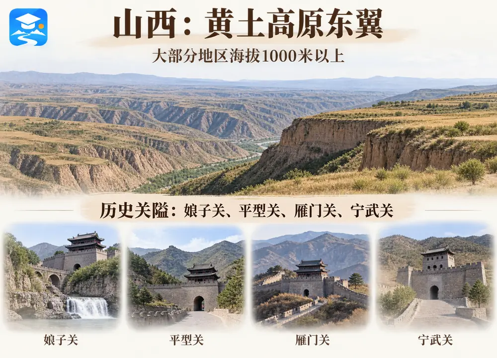 山西高原海拔与四大历史关隘考点图（导游学霸·科四山西）