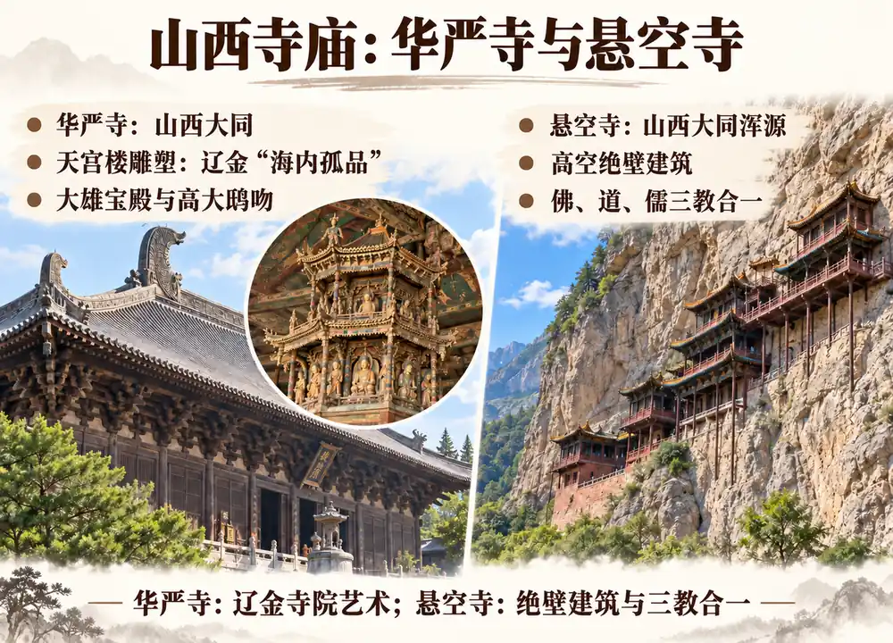 大同华严寺与悬空寺辨析考点图（导游学霸·科四山西）