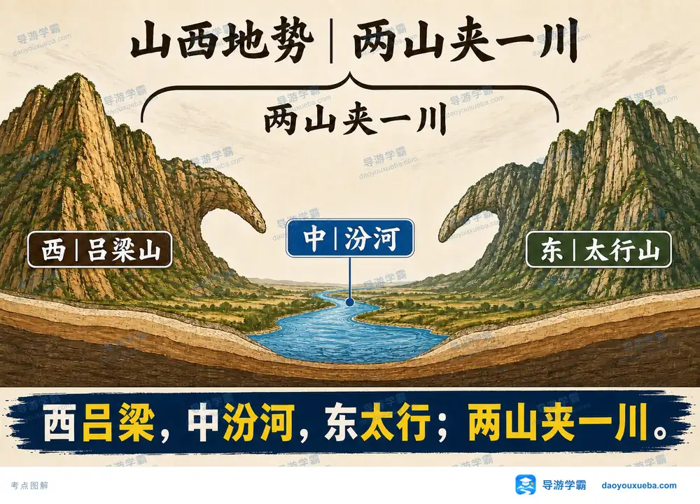 山西两山夹一川独特地势格局考点图(导游学霸·科四山西)