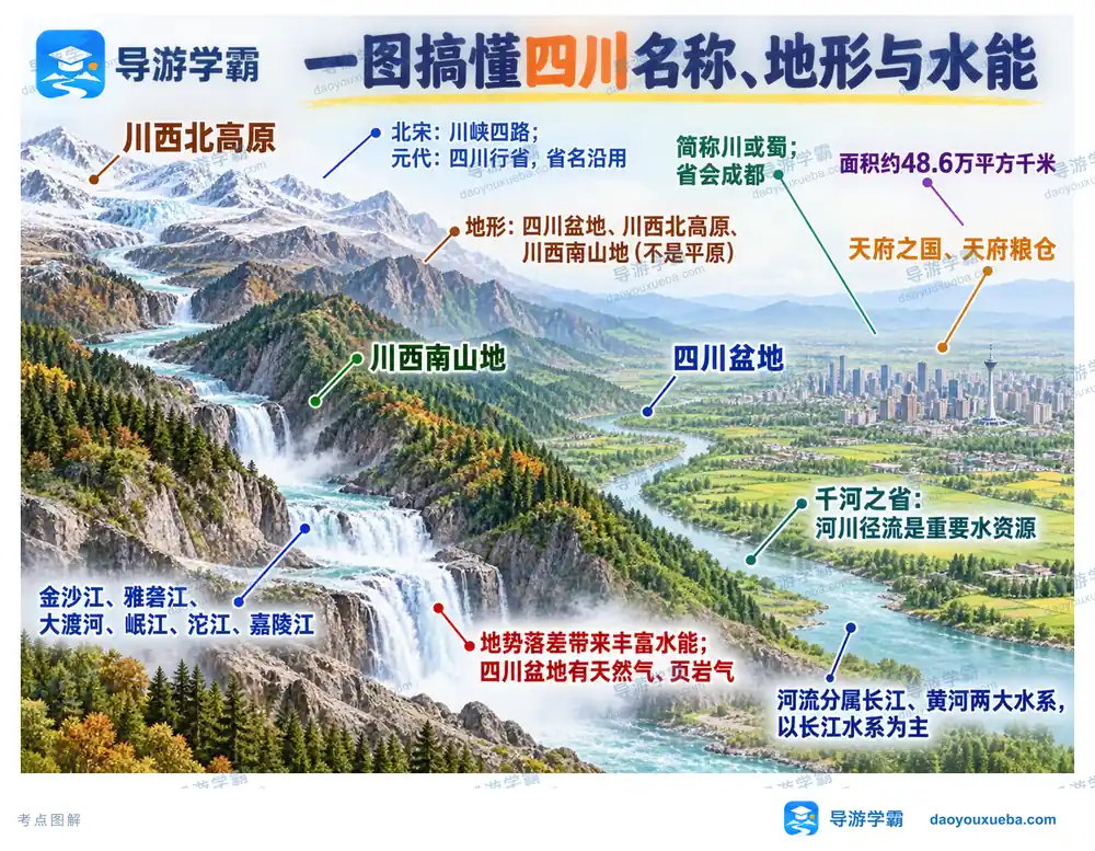 四川名称建制地形与水能考点图（导游学霸·科四四川）