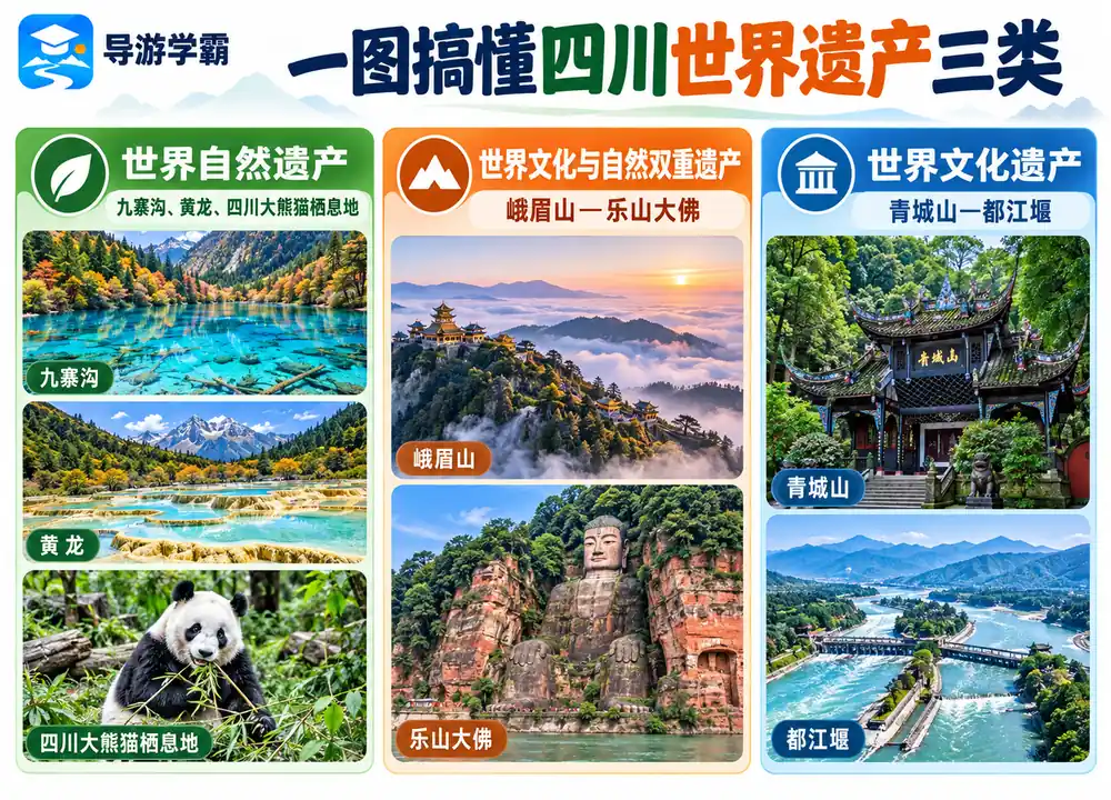 四川世界遗产三类全归类考点图(导游学霸·科四四川)