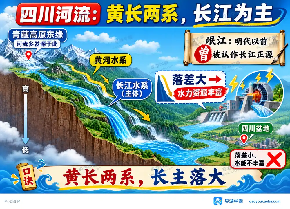 四川河流水系特征与水力资源考点图（导游学霸·科四四川）