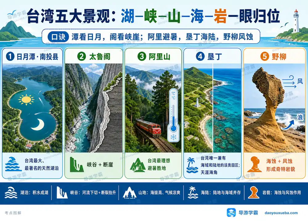 台湾五大景观湖峡山海岩一眼归位考点图（导游学霸·科四台湾）