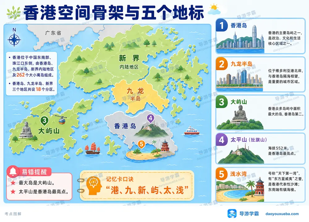 香港空间骨架与五个核心地标考点图（导游学霸·科四香港）