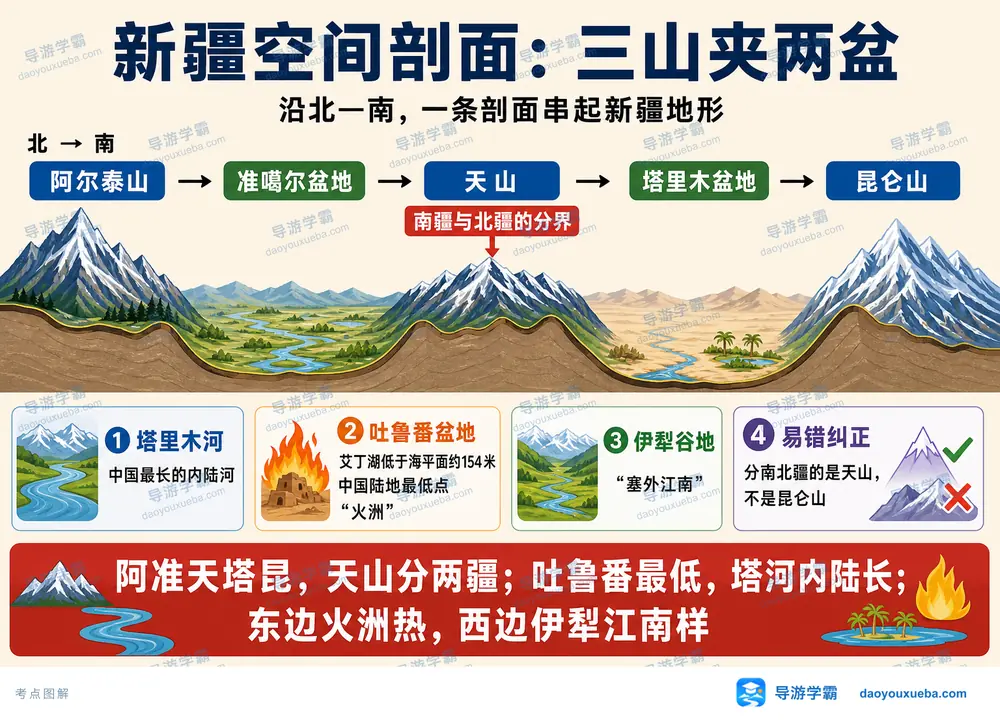 新疆三山夹两盆空间剖面考点图（导游学霸·科四新疆）