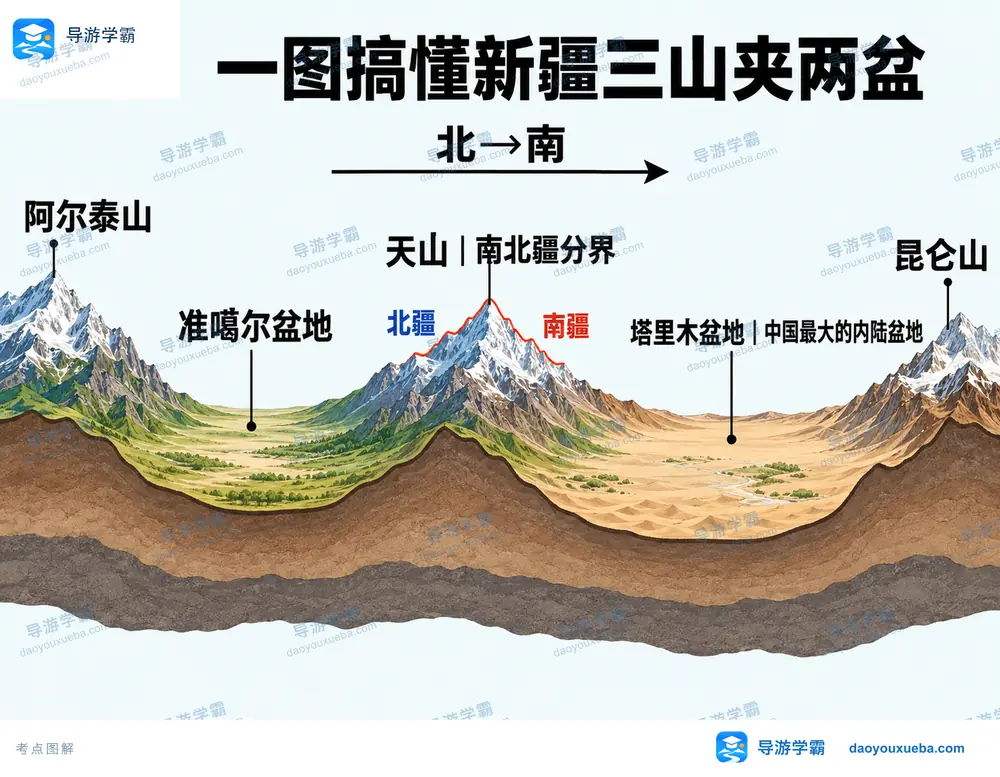 新疆三山夹两盆地形骨架考点图(导游学霸·科四新疆)