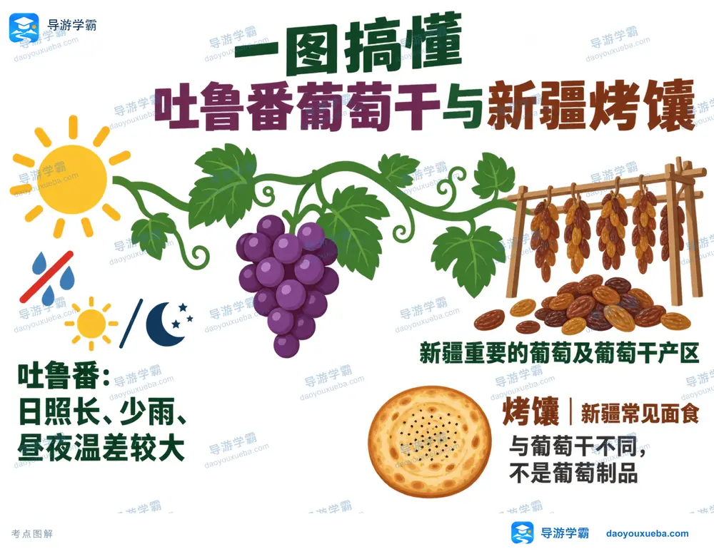 吐鲁番葡萄干与新疆烤馕考点图（导游学霸·科四新疆）