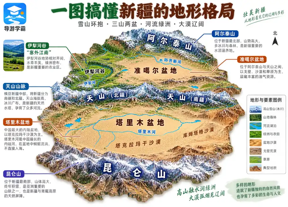 新疆三山夹两盆地形空间骨架考点图（导游学霸·科四新疆）
