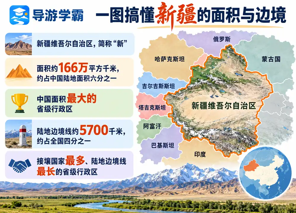 新疆国土面积与陆地边境考点图(导游学霸·科四新疆)