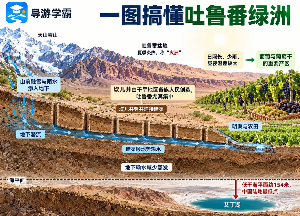 吐鲁番火洲坎儿井与艾丁湖考点图(导游学霸·科四新疆)