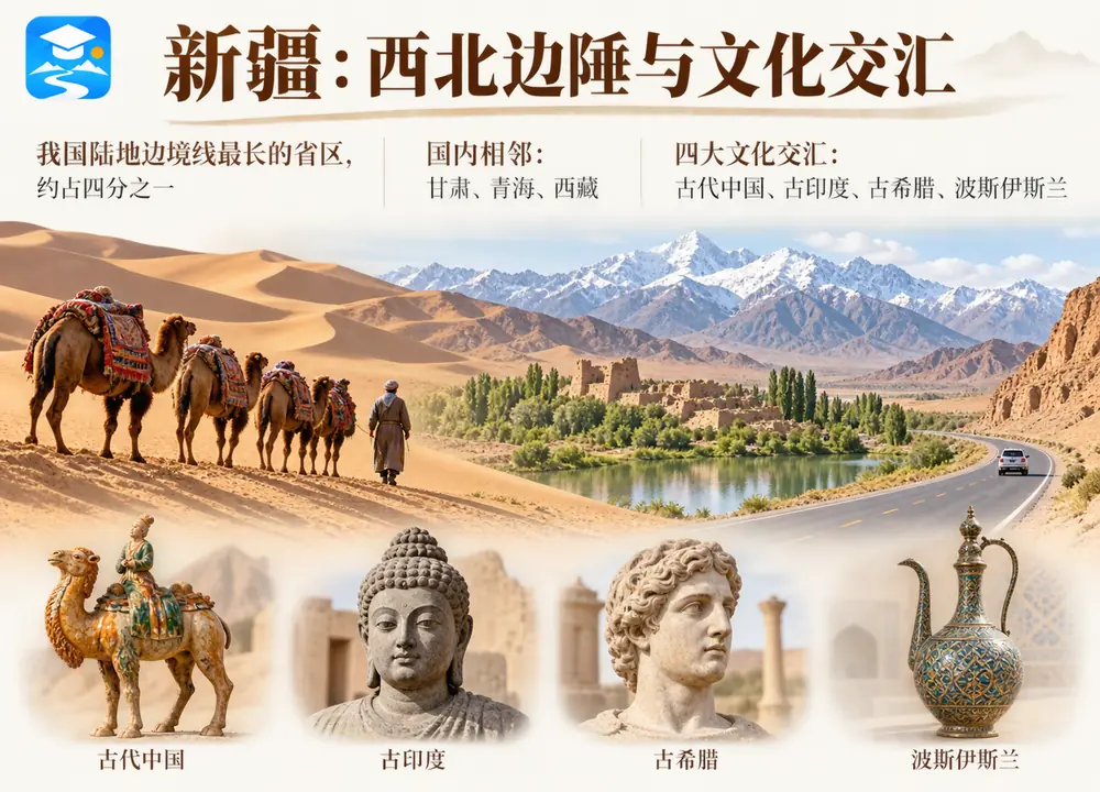 新疆地理边境与四大文化交汇考点图(导游学霸·科四新疆)