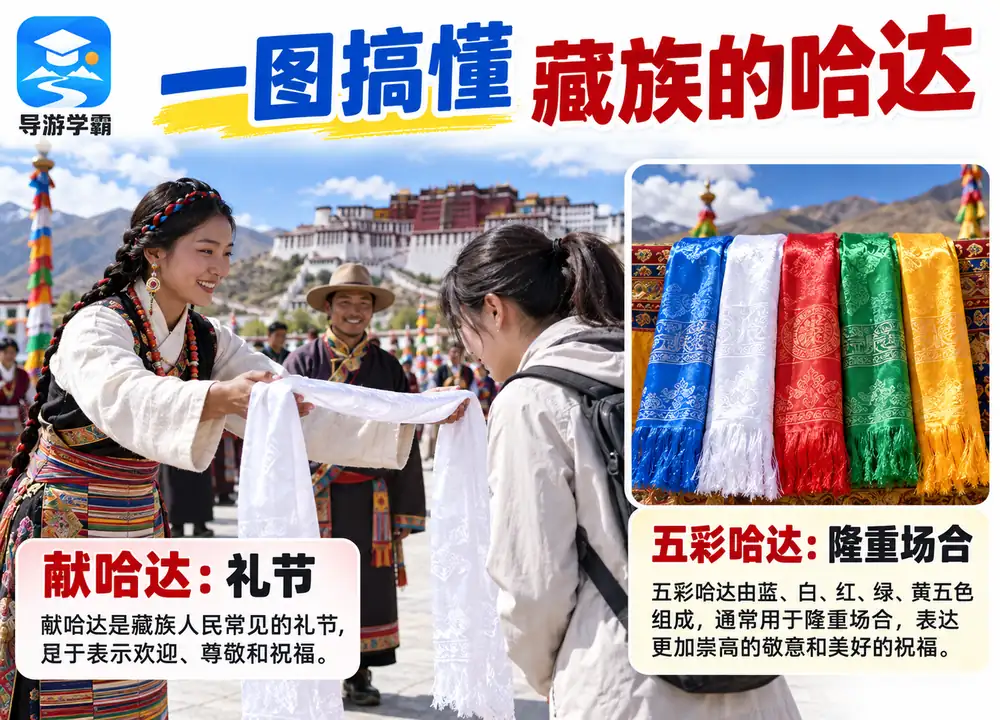 藏族献哈达礼俗与五彩哈达考点图(导游学霸·科四西藏)