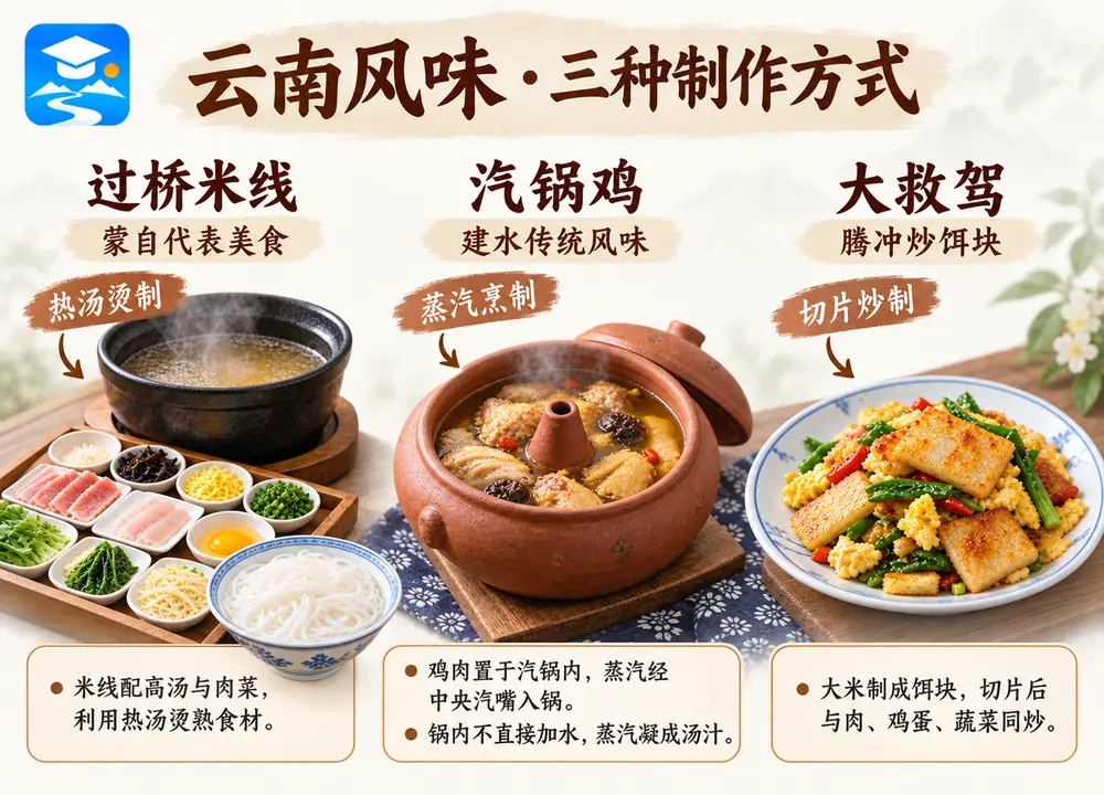 云南三大代表美食与制作方式考点图（导游学霸·科四云南）