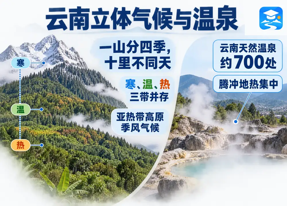 云南立体气候特征与温泉资源考点图（导游学霸·科四云南）