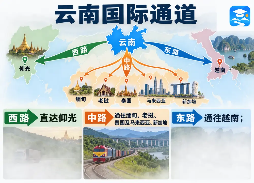 云南国际大通道西中东三路布局考点图（导游学霸·科四云南）