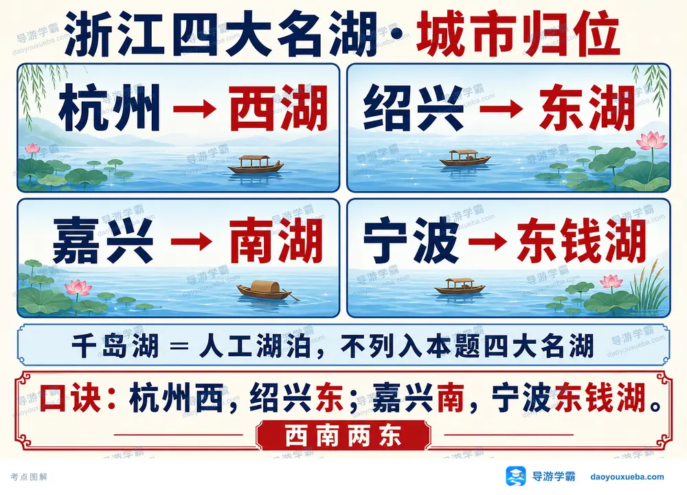浙江四大名湖城市归位与排错考点图(导游学霸·科四浙江)