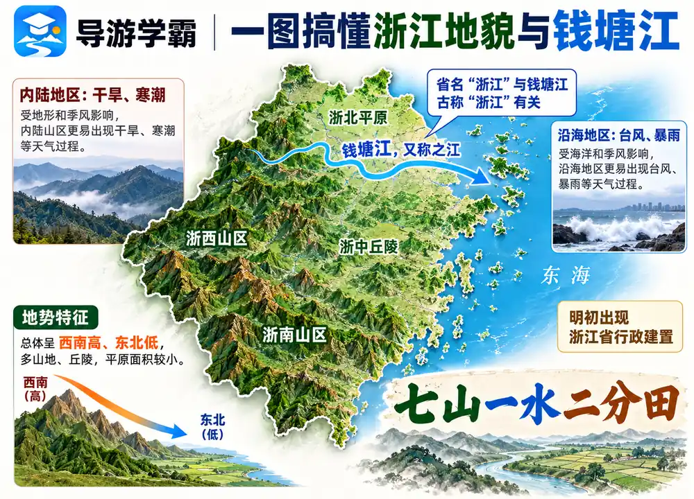 浙江地貌格局与钱塘江考点图（导游学霸·科四浙江）