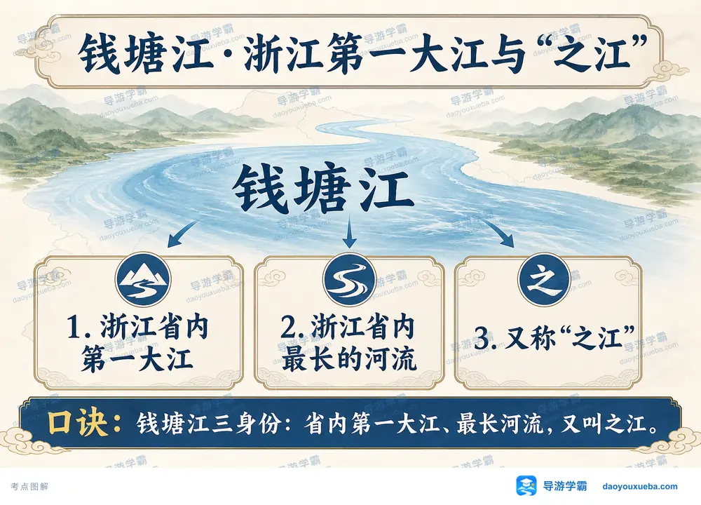 钱塘江三大身份考点图(导游学霸·科四浙江)