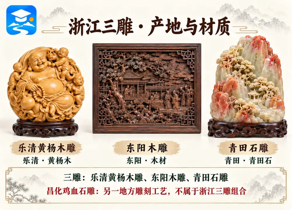 浙江三雕正确组合与产地辨识考点图（导游学霸·科四浙江）