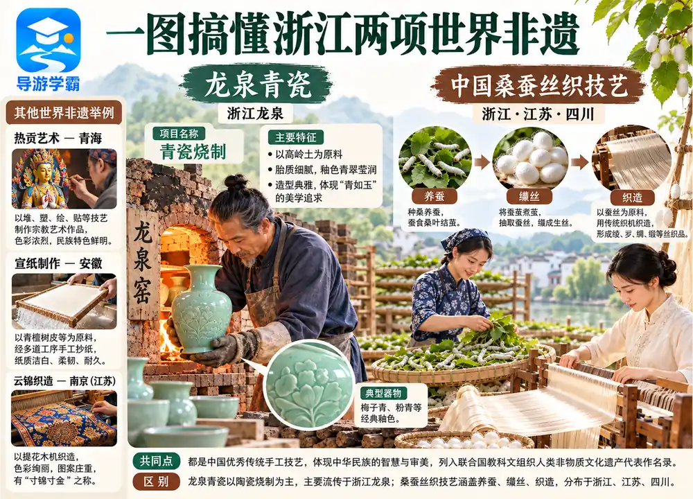 浙江龙泉青瓷与桑蚕丝织非遗考点图(导游学霸·科四浙江)
