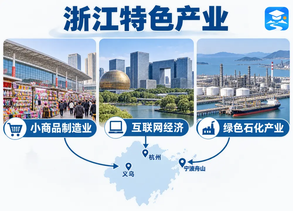 浙江三大特色优势产业布局考点图(导游学霸·科四浙江)